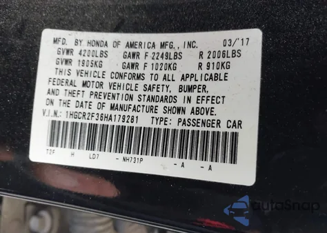 2017 Honda Accord Lx из США, поврежденный, VIN 1HGCR2F36HA179281